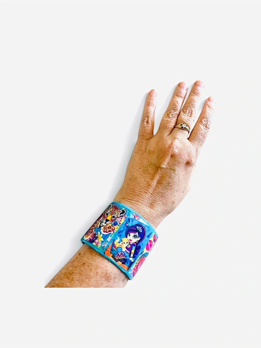 Bright and Whimsical Character Bracelet with Cute Girl and Kitten, Lips, Leopard